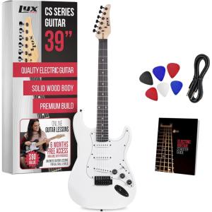 imageLyxPro CS 39 Left Hand Electric Guitar Kit for Beginner Intermediate ampamp Pro Players with Guitar Amp Cable 6 Picks ampamp Learners Guide Solid Wood Body VolumeTone Controls 5Way Pickup  WhiteWhite