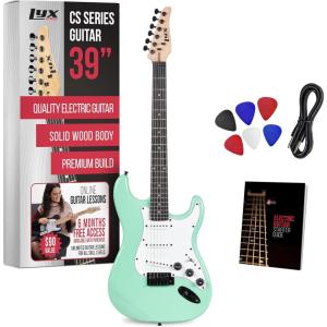 imageLyxPro CS 39 Left Hand Electric Guitar Kit for Beginner Intermediate ampamp Pro Players with Guitar Amp Cable 6 Picks ampamp Learners Guide Solid Wood Body VolumeTone Controls 5Way Pickup  WhiteGreen
