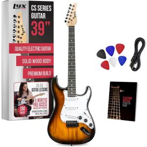 imageLyxPro CS 39 Left Hand Electric Guitar Kit for Beginner Intermediate ampamp Pro Players with Guitar Amp Cable 6 Picks ampamp Learners Guide Solid Wood Body VolumeTone Controls 5Way Pickup  WhiteSunburst