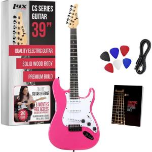 imageLyxPro CS 39 Left Hand Electric Guitar Kit for Beginner Intermediate ampamp Pro Players with Guitar Amp Cable 6 Picks ampamp Learners Guide Solid Wood Body VolumeTone Controls 5Way Pickup  WhitePink