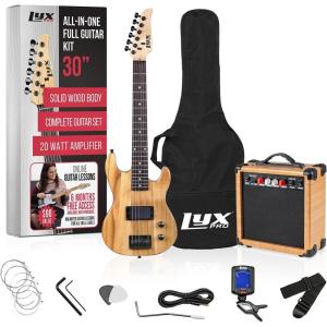 imageLyxPro Left Hand 30 Inch Electric Guitar Kit for Lefty Kids 34 Size Beginners Guitar Amp Six Strings Two Picks Shoulder Strap Digital Clip On Tuner Guitar Cable and Soft Case Gig Bag  RedNatural