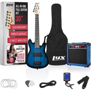 imageLyxPro Left Hand 30 Inch Electric Guitar Kit for Lefty Kids 34 Size Beginners Guitar Amp Six Strings Two Picks Shoulder Strap Digital Clip On Tuner Guitar Cable and Soft Case Gig Bag  RedBlue