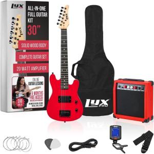 imageLyxPro Left Hand 30 Inch Electric Guitar Kit for Lefty Kids 34 Size Beginners Guitar Amp Six Strings Two Picks Shoulder Strap Digital Clip On Tuner Guitar Cable and Soft Case Gig Bag  RedRed