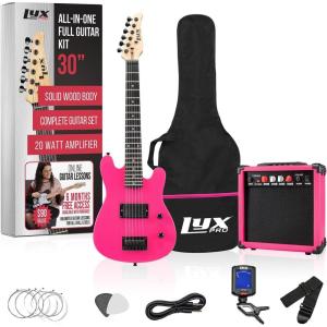 imageLyxPro Left Hand 30 Inch Electric Guitar Kit for Lefty Kids 34 Size Beginners Guitar Amp Six Strings Two Picks Shoulder Strap Digital Clip On Tuner Guitar Cable and Soft Case Gig Bag  RedPink