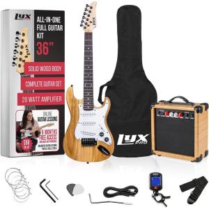 imageLyxPro Left Hand 36 Inch Electric Guitar and Kit for Lefty Kids with 34 Size Beginners Guitar Amp Six Strings Two Picks Shoulder Strap Digital Clip On Tuner Cable and Soft Case Gig Bag  BlueNatural