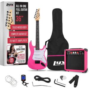 imageLyxPro Left Hand 36 Inch Electric Guitar and Kit for Lefty Kids with 34 Size Beginners Guitar Amp Six Strings Two Picks Shoulder Strap Digital Clip On Tuner Cable and Soft Case Gig Bag  BluePink