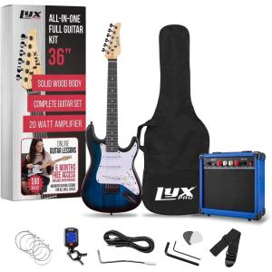 imageLyxPro Left Hand 36 Inch Electric Guitar and Kit for Lefty Kids with 34 Size Beginners Guitar Amp Six Strings Two Picks Shoulder Strap Digital Clip On Tuner Cable and Soft Case Gig Bag  BlueBlue