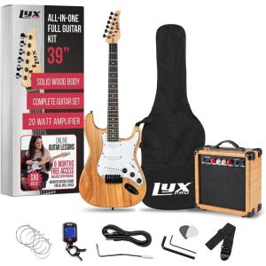imageLyxPro Left Hand 39 Inch Electric Guitar and Starter Kit for Lefty Full Size Beginners Guitar Amp Six Strings Two Picks Shoulder Strap Digital Clip On Tuner Cable and Soft Case  BlueNatural