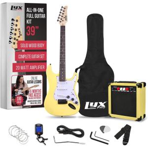 imageLyxPro Left Hand 39 Inch Electric Guitar and Starter Kit for Lefty Full Size Beginners Guitar Amp Six Strings Two Picks Shoulder Strap Digital Clip On Tuner Cable and Soft Case  BlueRetro Yellow