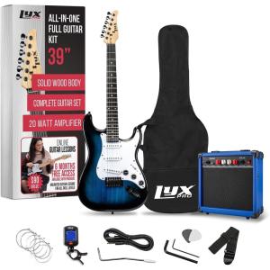imageLyxPro Left Hand 39 Inch Electric Guitar and Starter Kit for Lefty Full Size Beginners Guitar Amp Six Strings Two Picks Shoulder Strap Digital Clip On Tuner Cable and Soft Case  BlueBlue
