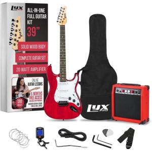 imageLyxPro Left Hand 39 Inch Electric Guitar and Starter Kit for Lefty Full Size Beginners Guitar Amp Six Strings Two Picks Shoulder Strap Digital Clip On Tuner Cable and Soft Case  BlueRed