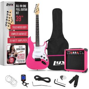 imageLyxPro Left Hand 39 Inch Electric Guitar and Starter Kit for Lefty Full Size Beginners Guitar Amp Six Strings Two Picks Shoulder Strap Digital Clip On Tuner Cable and Soft Case  BluePink