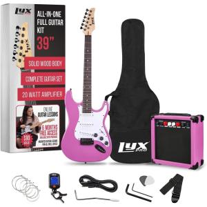imageLyxPro Left Hand 39 Inch Electric Guitar and Starter Kit for Lefty Full Size Beginners Guitar Amp Six Strings Two Picks Shoulder Strap Digital Clip On Tuner Cable and Soft Case  BluePurple