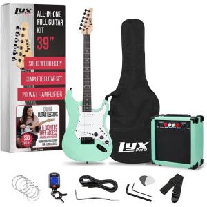 imageLyxPro Left Hand 39 Inch Electric Guitar and Starter Kit for Lefty Full Size Beginners Guitar Amp Six Strings Two Picks Shoulder Strap Digital Clip On Tuner Cable and Soft Case  BlueGreen